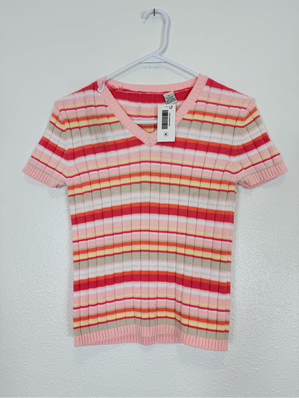 Striped V-Neck Short Sleeve Ribbed Knit Top - Pink & Red Y2K